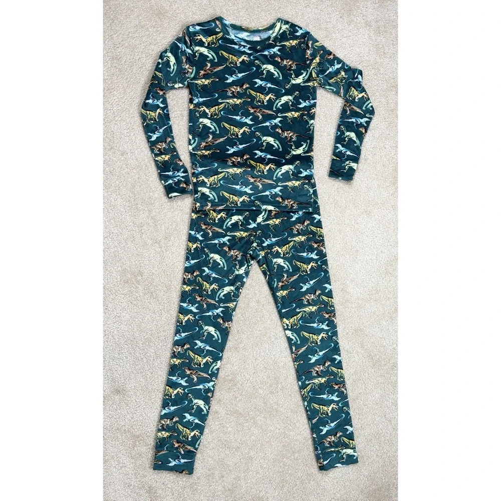 Cat & Jack Dinosaur Pattern Pajama Set Size 12 Green